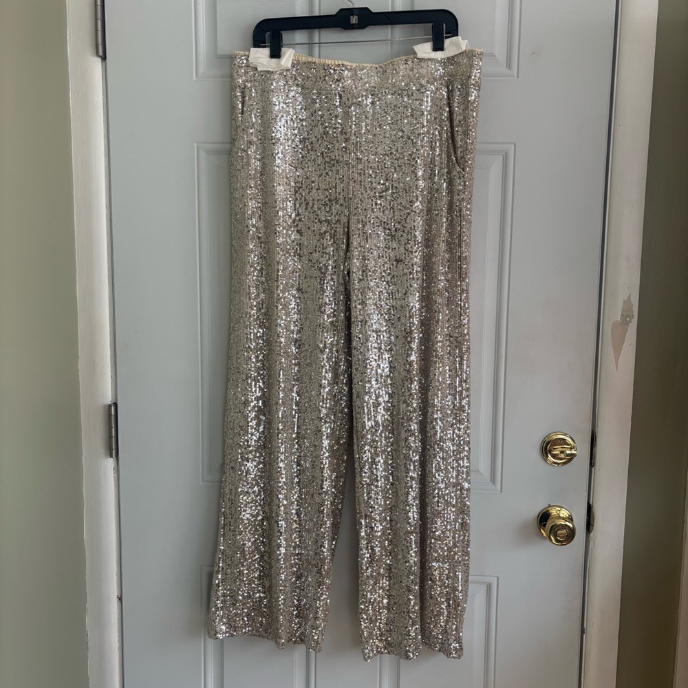 Boston Proper Gold Sequin Wide-Leg Pants, Size Large - Picture 2 of 12
